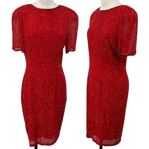 Vintage Oleg Cassini Beaded Silk Mini Dress Short Sleeves Cocktail Red Womens 6 - Picture 1 of 9